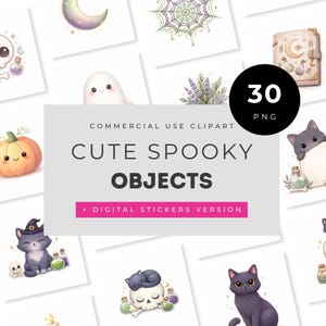 May include: A collection of cute, spooky-themed clipart images. The images include a smiling pumpkin, a ghost, a black cat, a skull, and a crescent moon. The text reads "Cute Spooky Objects" and "Commercial Use Clipart".