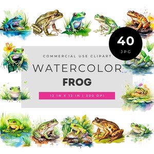 Watercolor Frog Clipart Bundle, Cute Pond Amphibian Illustrations, Green Toad & Tree Frog Graphics for Nursery Decor, Crafts and Prints