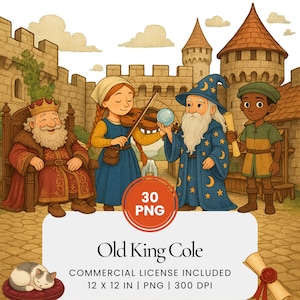 Oude King Cole clipart bundel, aquarel kinderliedje PNG's, koninklijke kinderboekillustraties, koninklijke muzikale thema graphics, vintage verhaal