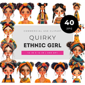 Quirky ethnic girl clipart set, multicultural boho girl illustrations for journaling, scrapbooking crafts, whimsical character for projects