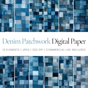 Puede incluir: Doce patrones de papel digital con un diseño de patchwork de cuadrados de tela vaquera azul. Los patrones son sin costuras y se pueden utilizar para scrapbooking, creación de tarjetas y otros proyectos de manualidades.