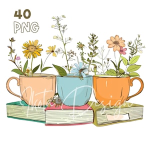 Copos, flores e livros - 40 PNG de alta qualidade - planejador digital, registro de lixo eletrônico, aquarela, uso comercial, download digital, planta, diário