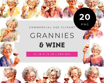 Watercolor grannies drinking wine clipart bundle, funny grandma wine illustrations for crafts, senior ladies wine art, commercial use
