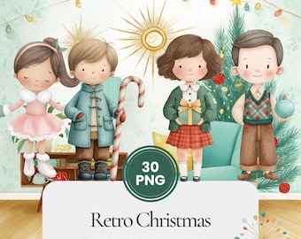 Retro Weihnachten Nostalgie Aquarell Clipart Bundle, Mid Century Modern Weihnachtsgrafiken, Vintage Weihnachten Fussy Cuts, 1950er 1960er Jahre Weihnachtskunst