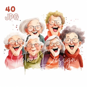 Happy Old Ladies Clipart - 40 JPG di alta qualità - Pianificatore digitale, Junk Journaling, Acquerello, Arte della parete, Uso commerciale, Download digitale