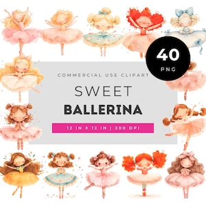 Sweet ballerina watercolor clipart bundle, cute little dancer png set, pastel tutu girl art for invitations, birthday, nursery and decor