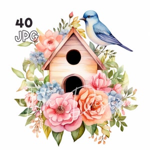 Floral Birdhouse Clipart - 40 High Quality JPGs - Digital Planner, Junk Journaling, Watercolor, Wall Art, Commercial Use, Digital Download