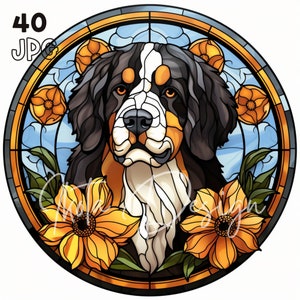 Berner Hund Glasmalerei Clipart - 40 hochwertige JPGs - Digitaler Planer, Junk Journaling, Wandkunst, kommerzielle Nutzung, digitaler Download