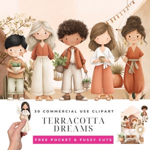Puede incluir: Ilustración de cinco personajes de dibujos animados con atuendos color terracota, sosteniendo plantas y accesorios. La imagen incluye el texto "30 Commercial Use Clipart" y "Terracotta Dreams" con "Free Pocket & Fussy Cuts" debajo.