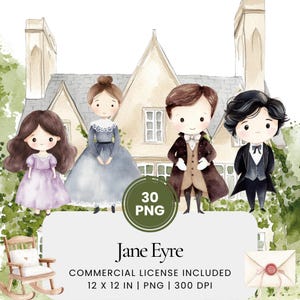 Jane Eyre Clipart - 30 PNG - Cyfrowy planer, Junk Journaling, Wykorzystanie komercyjne, Sublimacja, Scrapbooking, Naklejki, Scena, Kubki, Karty