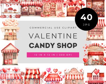 Valentine candy shop watercolor clipart set, cute pink storefronts sweets hearts balloons and treats, romantic bakery illustration bundle