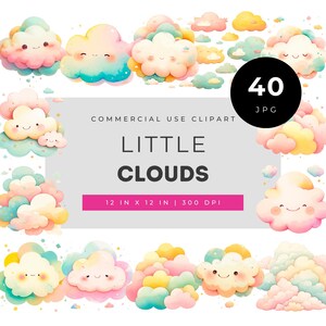 Cute little clouds clipart bundle, pastel kawaii cloud illustrations for crafts, nursery planner stickers, kids artwork printable JPG set