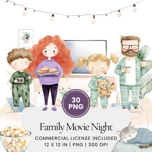 Family Movie Night Clipart - 30 PNG - Digital Planner, Junk Journaling, Wall Art, Commercial Use, Sublimation, Scrapbooking, Cards, Scene