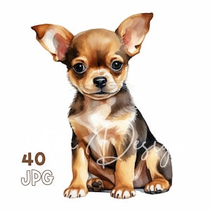 チワワの子犬のクリップアート - 40 枚の高品質 JPG - デジタル プランナー、ジャンク ジャーナリング、水彩画、ウォール アート、商用利用、デジタル ダウンロード