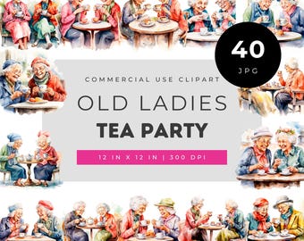 Old ladies tea party clipart set with watercolor senior friends drinking tea cozy social moments illustrations for craft projects and decor