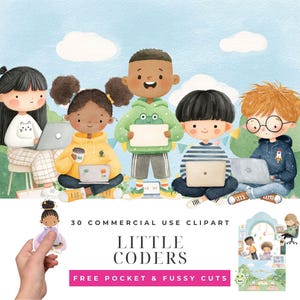 Puede incluir: Ilustración en acuarela de cinco niños usando computadoras portátiles, sobre un cielo azul con nubes. La imagen incluye el texto "LITTLE CODERS" y "30 COMMERCIAL USE CLIPART". Una mano sostiene una pequeña pegatina de una niña con un portátil.