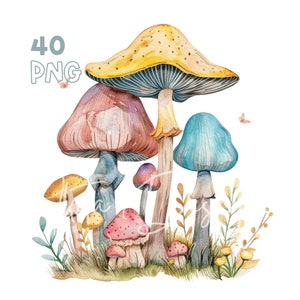 Boho Mushrooms Clipart - 40 PNG de haute qualité - Planificateur numérique, Junk Journaling, Aquarelle, Art mural, Utilisation commerciale, Tasses, Vêtements, Décor