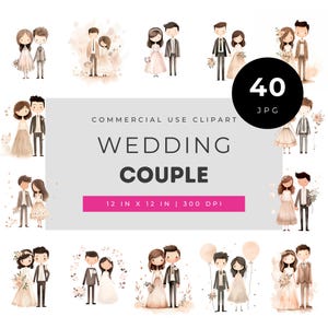 Wedding couple watercolor clipart, cute bride groom illustrations pastel dresses suits florals and romantic elements, marriage art bundle