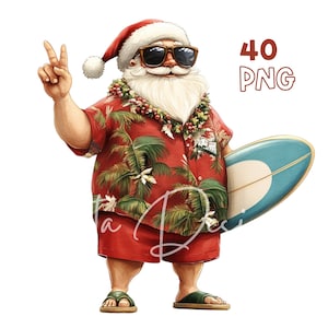 Surfing Santa Claus Clipart - 40 PNG de haute qualité - Planificateur numérique, Junk Journaling, Aquarelle, Utilisation commerciale, Téléchargement numérique, Tasses