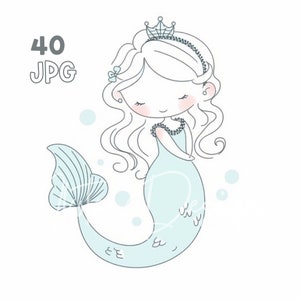 Mermaid Clipart - 40 High Quality JPGs - Digital Planner, Junk Journaling, Wall Art, Simple Lines, Commercial Use, Digital Download, Mugs