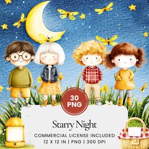 Starry Night Clipart - 30 PNG - Digital Planner, Junk Journaling, Wall Art, Commercial Use, Sublimation, Scrapbooking, Scene, Valentine Day