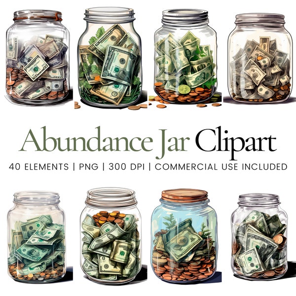 Abundance Jar Clipart - 40 PNG de haute qualité - Planificateur numérique, Junk Journaling, Aquarelle, Utilisation commerciale, Téléchargement numérique