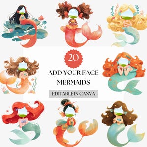 Fügen Sie Ihr Gesicht hinzu, Meerjungfrau-Canva-Vorlagen - Zauberhafte personalisierte Meerjungfrauen, Ozean-Fantasie-Aquarell-Clipart, anpassbare Meeresprinzessinnen-Designs