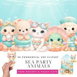 Puede incluir: Ilustración en acuarela de adorables animales marinos, incluyendo un conejo, un oso, un gato, una tortuga y una oveja, todos vestidos con trajes de baño y accesorios. La imagen incluye el texto "SEA PARTY ANIMALS" y "30 COMMERCIAL USE CLIPART".