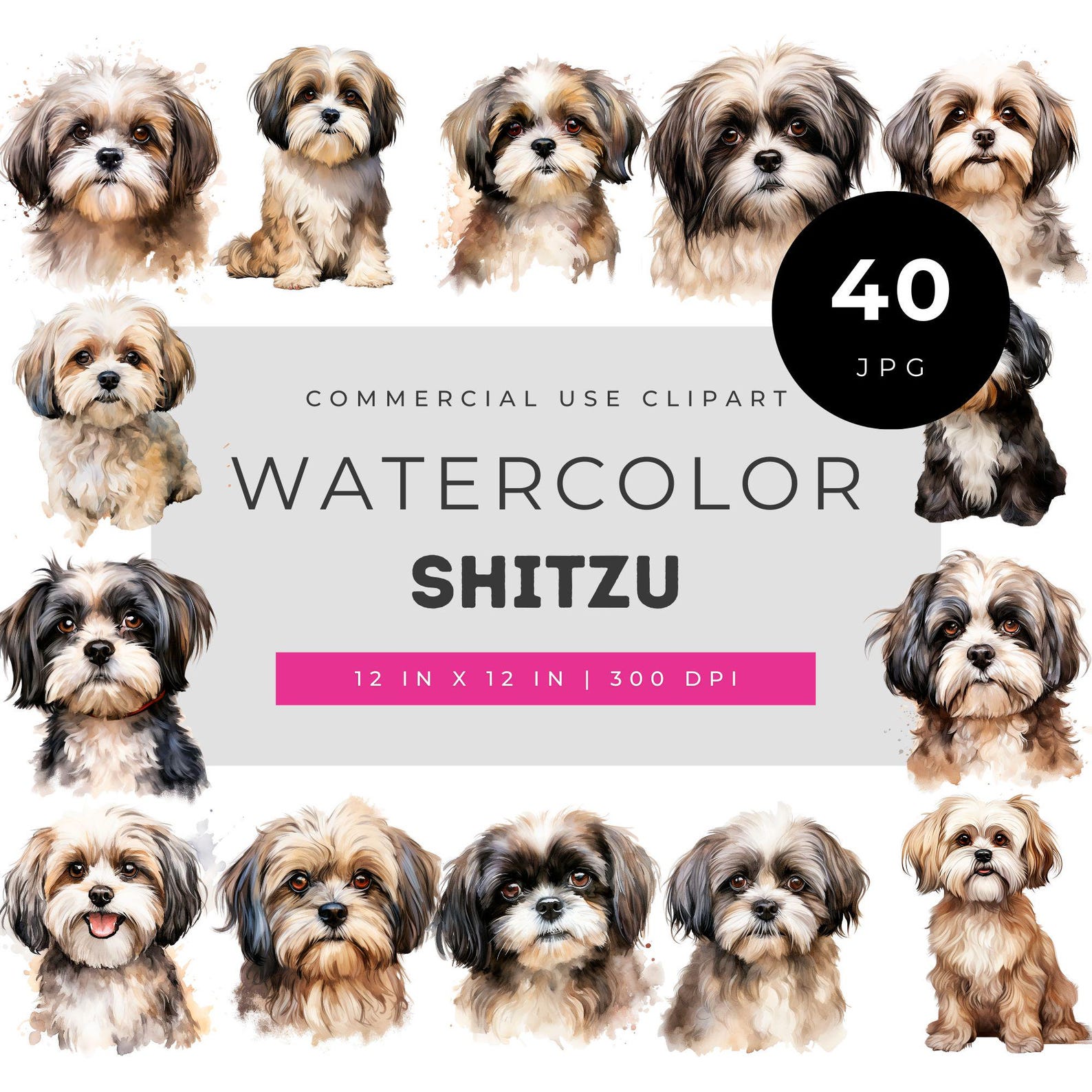 Shih Tzu Clipart JPG Bundle, Watercolor Dog Portrait Set, Cute Puppy ...