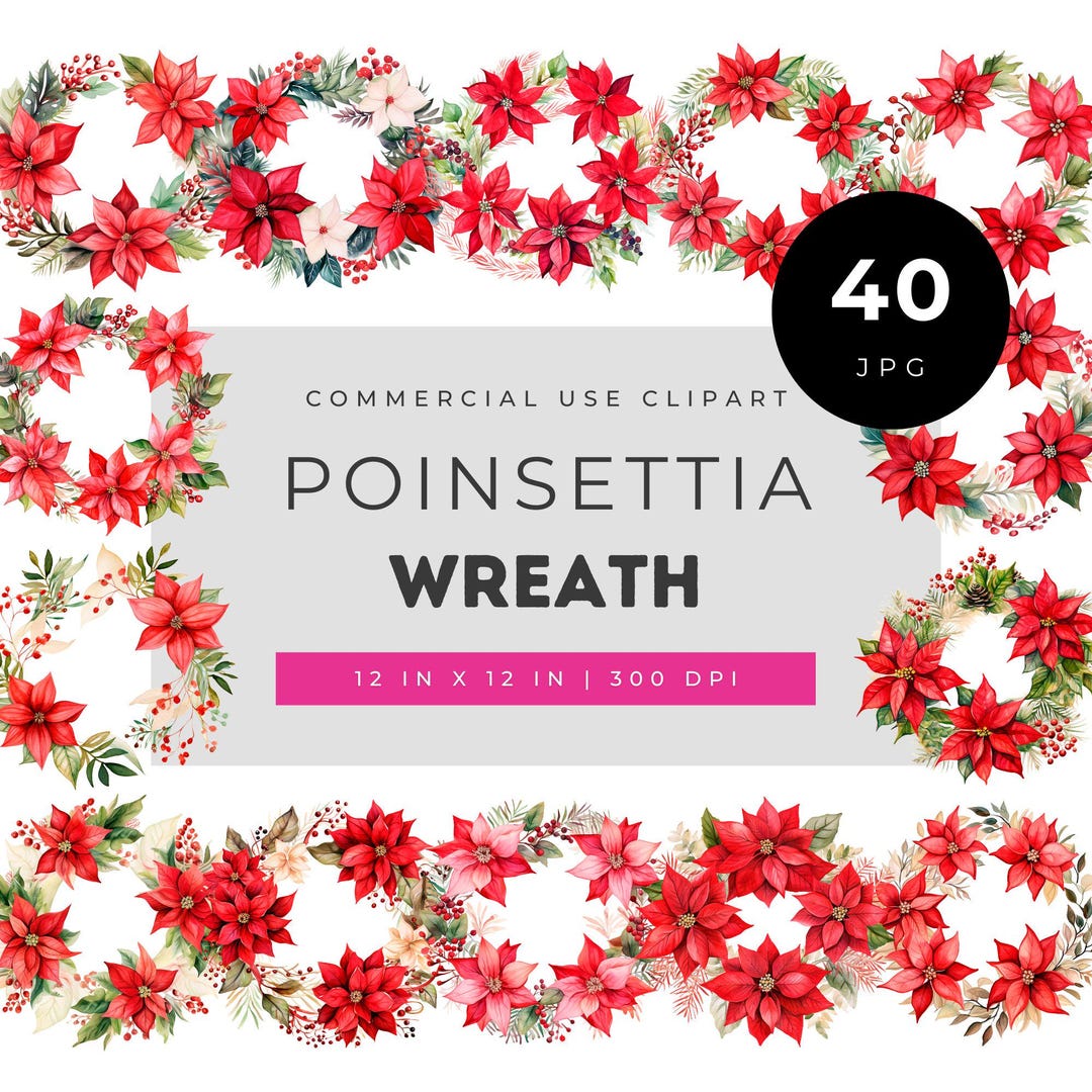 ポインセチアのリースのクリップアート、クリスマスの花輪の水彩画