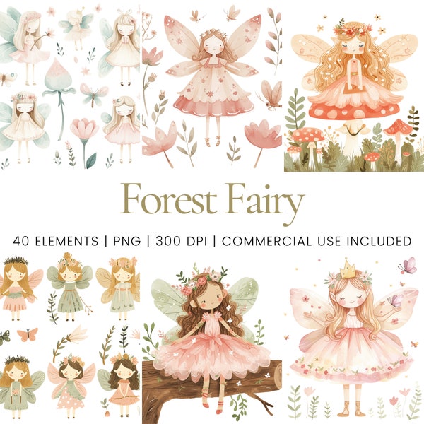 Forest Fairy Clipart - 40 High Quality PNGs - Digital Planner, Junk Journaling, Watercolor, Wall Art, Commercial Use, Digital Download, Mugs