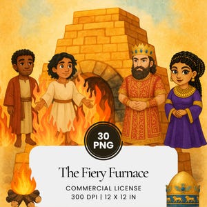 Puede incluir: Ilustración en acuarela que representa una escena de "El horno ardiente". La imagen presenta cuatro figuras, un rey y dos más de pie cerca de un horno con llamas. Incluye el texto "The Fiery Furnace" y "30 PNG".