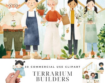 Terrarium Builders Clipart Bundle, Watercolor Botanist Children Illustrations, Glass Jar Plant, Nature Science Characters Designs Download
