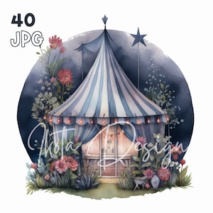 Circus Tent Clipart - 40 High Quality JPGs - Digital Planner, Junk Journaling, Watercolor, Commercial Use, Digital Download