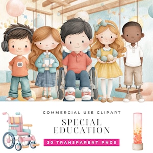Puede incluir: Ilustración en acuarela de cinco niños diversos, uno en silla de ruedas y otro con prótesis de piernas. La imagen incluye una silla de ruedas rosa y azul, una lámpara de lava y el texto "COMMERCIAL USE CLIPART" y "SPECIAL EDUCATION".