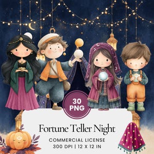 Puede incluir: Ilustración en acuarela con cuatro personajes de dibujos animados vestidos de adivinos, con una carpa y luces colgantes de fondo. La imagen incluye el texto "Fortune Teller Night" y "30 PNG". También hay una calabaza con un diseño de ojo.