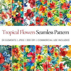Puede incluir: Un conjunto de 24 patrones sin costuras con flores y hojas tropicales en colores vibrantes como rojo, amarillo, azul y verde. Los patrones son perfectos para crear diseños digitales o impresos.