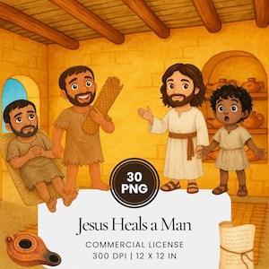 Puede incluir: Ilustración de Jesús con tres figuras en una habitación. El texto "Jesus Heals a Man" está en la parte inferior. La imagen incluye un rollo y una lámpara. La imagen mide 30,48 x 30,48 cm.