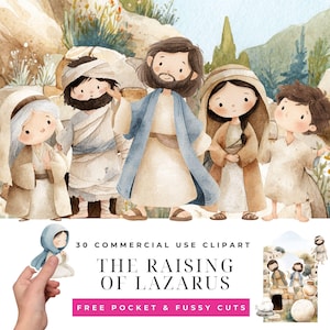 Puede incluir: Ilustración en acuarela de una escena religiosa con varias figuras con túnicas. El texto "The Raising of Lazarus" se muestra debajo de las figuras, junto con el texto "30 Commercial Use Clipart" y "Free Pocket & Fussy Cuts".