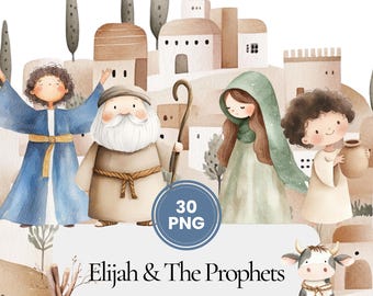 Puede incluir: Un conjunto de 30 ilustraciones de acuarela con personajes de la historia bíblica de Elías y los profetas. Las ilustraciones incluyen un hombre barbudo con un bastón, una mujer con una túnica verde, un niño que lleva una jarra y una vaca. Las ilustraciones están ambientadas en un pueblo con edificios marrones y árboles verdes. El texto "Elijah & The Prophets" y "COMMERCIAL LICENSE INCLUDED" está incluido en la imagen.