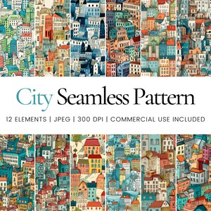 Puede incluir: Un patrón sin costuras que presenta una ciudad colorida con edificios de varios estilos y colores. El patrón es perfecto para crear fondos, papel de regalo o tela.