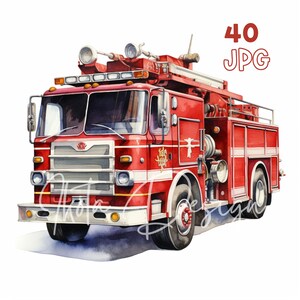 Firetruck Clipart - 40 High Quality JPGs - Digital Planner, Junk Journaling, Watercolor, Commercial Use, Digital Download, Mugs, Apparel