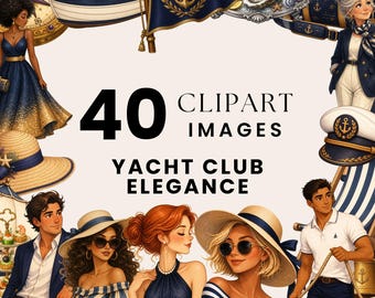 Yacht Club Elegance Clipart, Nautical Fashion PNG, Coastal Summer Illustrations, Watercolor Sailing Bundle, Champagne Anchor Boat Art
