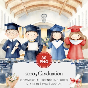 2025 Graduation Clipart - 30 PNG - Digital Planner, Junk Journaling, Wall Art, Commercial Use, Sublimation, Scrapbooking, Stickers, Scene
