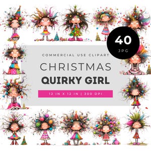 Christmas quirky girl clipart bundle, fun watercolor characters with wild festive hair decorated like Christmas trees for holiday cards