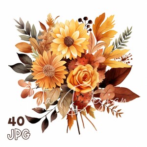 秋の花の花束装飾クリップアート - 40 高品質 JPG - デジタル プランナー、ジャンク ジャーナリング、水彩、商用利用、デジタル ダウンロード