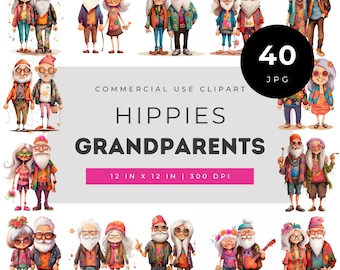 Ensemble d'images clipart de grands-parents hippies, illustrations rétro bohèmes de couples de personnes âgées pour loisirs créatifs, ensemble d'illustrations vintage colorées de grands-parents pour scrapbooking
