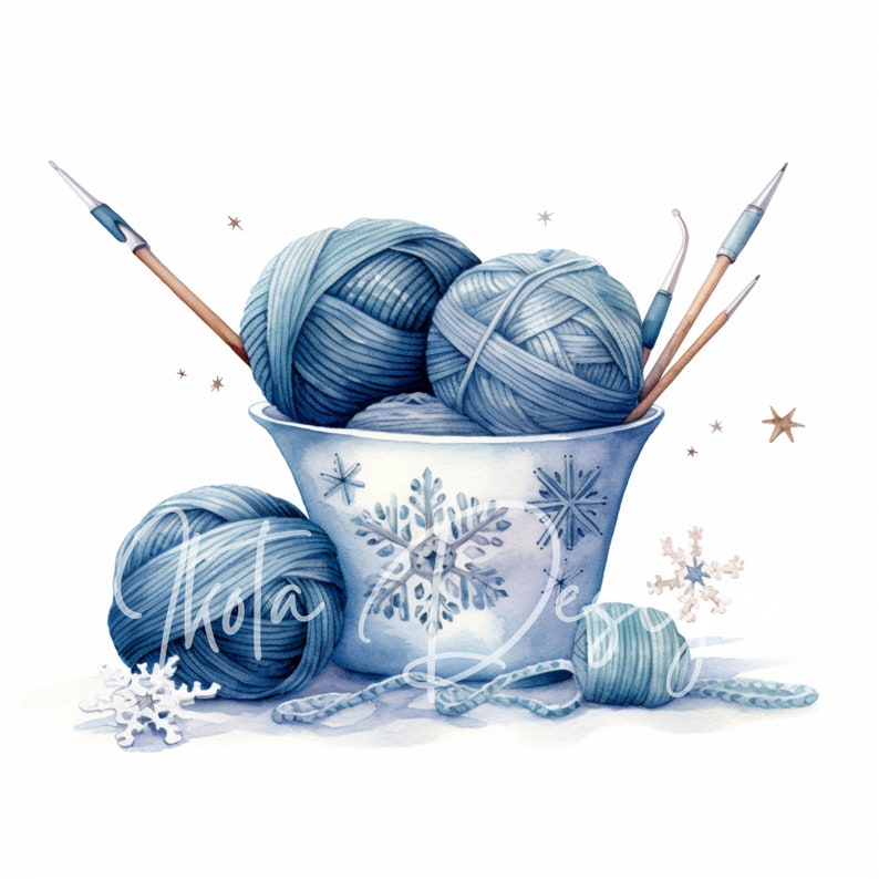 Puede incluir: Un taz&oacute;n de cer&aacute;mica azul y blanco con un dise&ntilde;o de copo de nieve lleno de ovillos de lana azules y agujas de tejer.