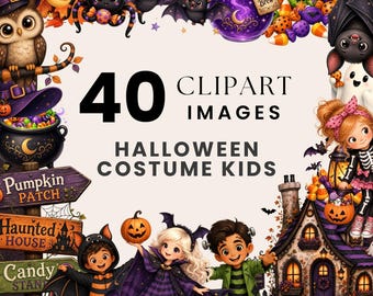 Halloween Costume Kids Clipart Bundle, Watercolor Witch Skeleton, Trick or Treat Halloween Clipart, Diverse Kids Halloween Party Download