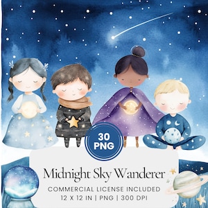 Midnight Sky Wanderer Clipart - 30 PNG - Digitaler Planer, Junk Journaling, Kommerzielle Nutzung, Sublimation, Scrapbooking, Karte, Sticker, Szene